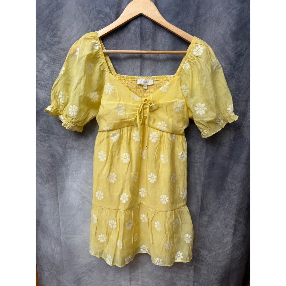 Dee Elly Yellow Daisy Floral Embroidered Puff Sleeve Mini Dress Whimsical Summer
